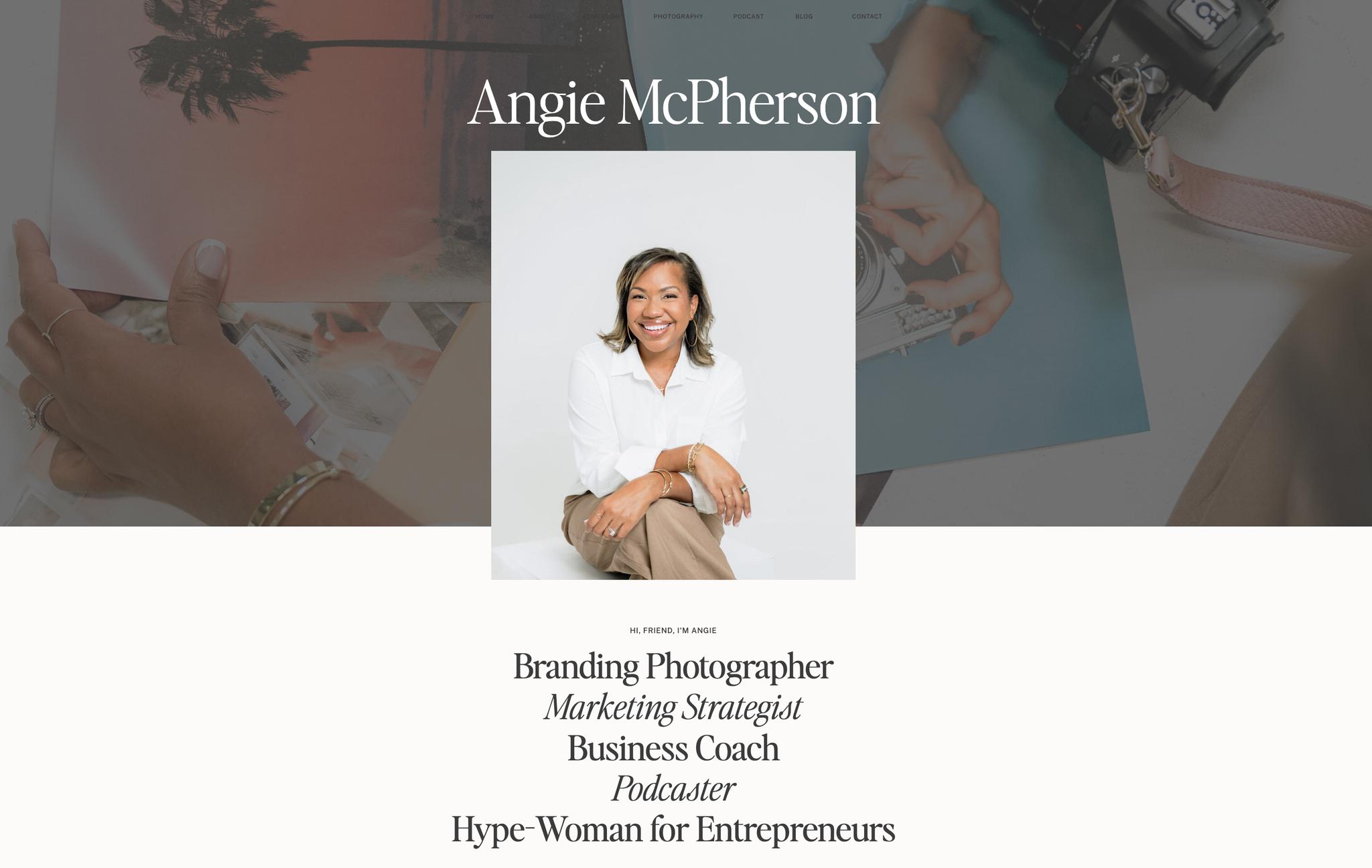Screenshot of Angie McPherson’s homepage showing how a branding photographer attracts clients through her website