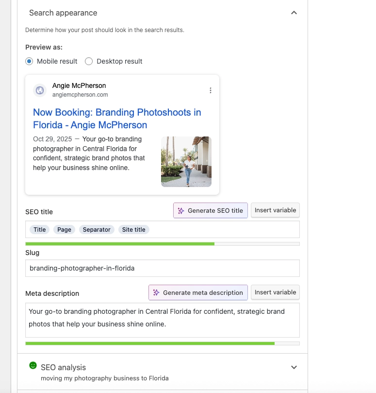 Example of using the Yoast SEO plugin to optimize blog content in WordPress.