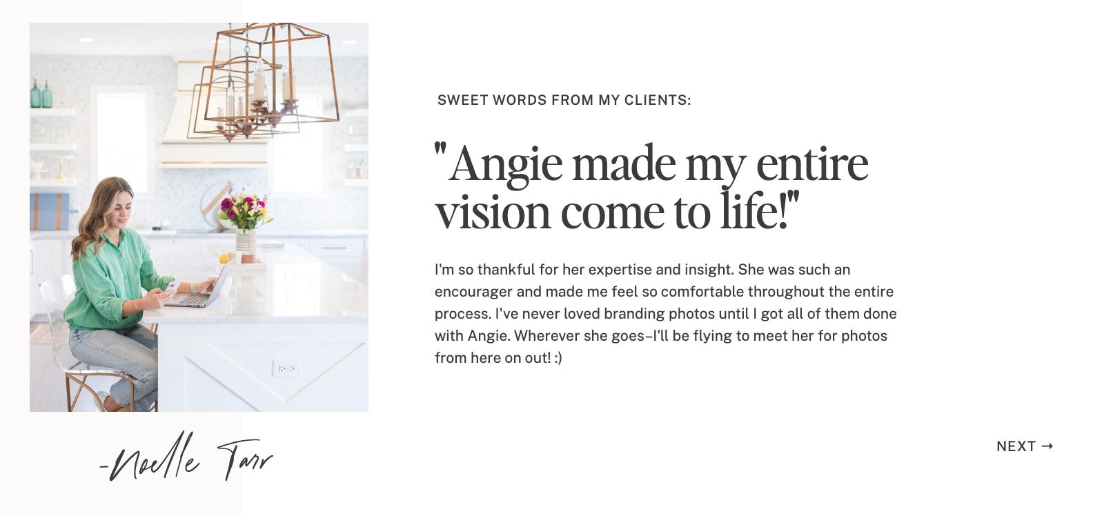 Website screenshot showing Angie’s client testimonials and social proof section.