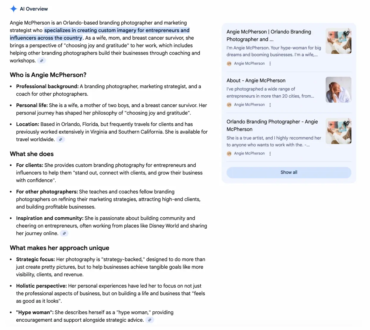 AI-generated recap highlighting Angie McPherson’s work and positioning as a branding photographer.